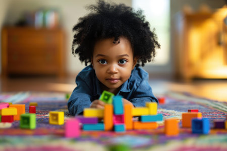 A photo of an African-American kid playing with colorful cubes and toys lying on the floorの素材