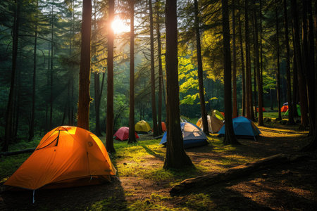 Camping with tents in the forestの素材