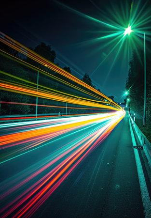Green traffic light on the road, a concept of road transport using renewable energy sources for environmentally friendly cars at nightの素材