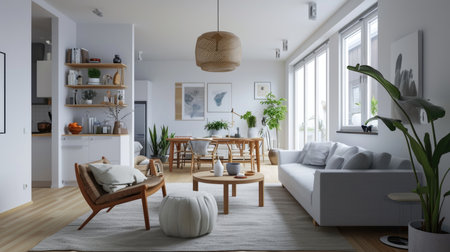 Scandinavian living room with sofa and kitchen, functional large living roomの素材