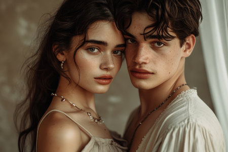 A loving couple of young men and women in close-up, passionate relationshipの素材