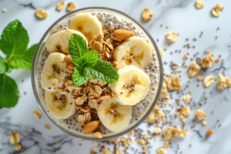 Chia pudding with banana, granola and cinnamon, healthy breakfast and dinnerの素材