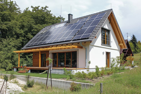 New suburban house with a photovoltaic system on the roofの素材