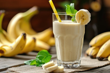 Healthy banana smoothie milkshake in glass with bananas on tableの素材