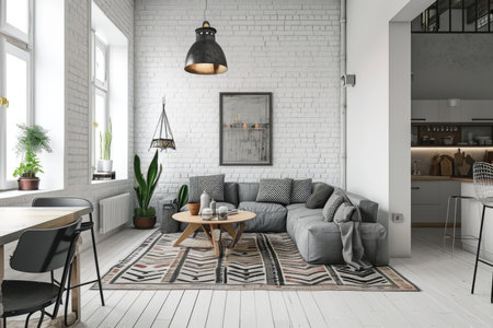 Scandinavian living room with sofa and kitchen, functional large living roomの素材