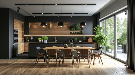Large kitchen room with modern interior design with wood table and chairs for home against the background a dark classic wallの素材