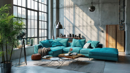 Loft-style interior with concrete, turquoise upholstered sofa and natural lightingの素材