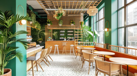 Green interior in Madrid coworking, eco-friendly dining room in a modern officeの素材