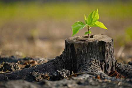Young tree emerging from old tree stumpの素材
