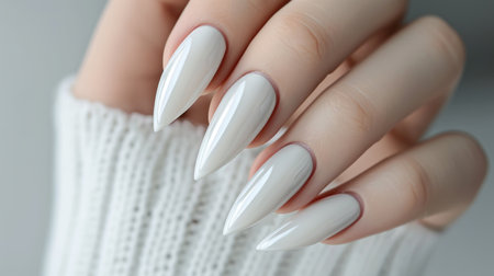 Photos of the design of white nails on the hands, advertising the color of the nailsの素材