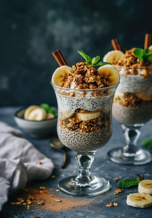 Chia pudding with banana, granola and cinnamon, healthy breakfast and dinnerの素材