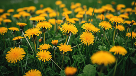 Many yellow dandelion flowersの素材