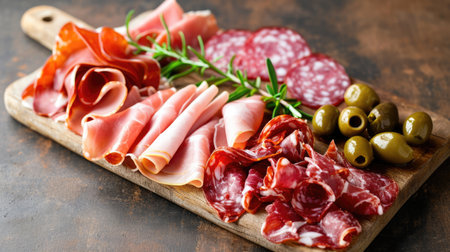 Assortment, sliced meat appetizer, prosciutto, salami and ham, with olivesの素材