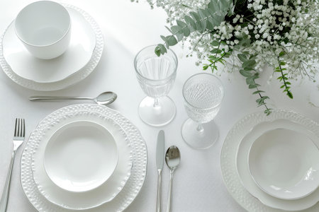 A set of white glassware. Table setting top viewの素材