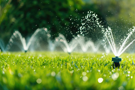 Automatic sprinkler system for watering laws with water, copy spaceの素材