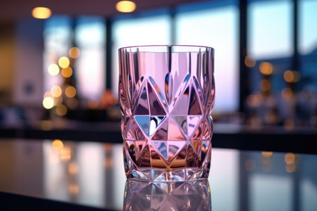 A pink faceted glass glass is on the tableの素材