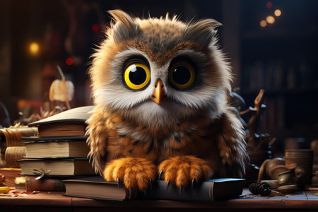 An owl with big eyes sits in a mountain of booksの素材