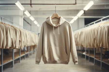 Beige hoodie on a hanger in the store, copy spaceの素材