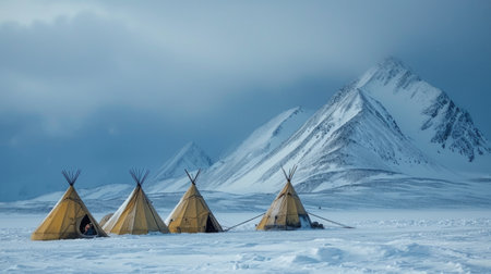 Puffin tents, traditional tepee tepees in the snow-capped mountainsの素材