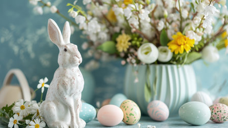 Easter table with easter eggs and spring flowers and a porcelain white figurine of a rabbitの素材