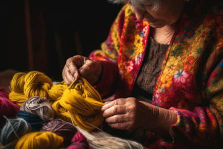 Grandma knits with knitting needles and woolen threadsの素材