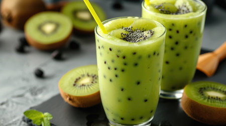 Kiwi milkshake with sweet tapioca balls, Asian bubble tea drinkの素材