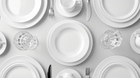 A set of white glassware. Table setting top viewの素材
