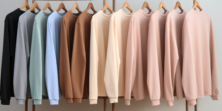 Pastel-colored sweatshirts hang on a hangerの素材