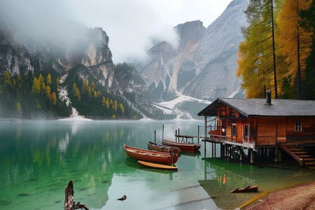 Landscape lake with a small house on the shore and a boat on the background of rocksの素材