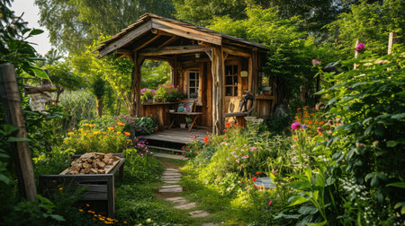 Beautiful little cozy wooden room in garden, idea for small house pavilionの素材