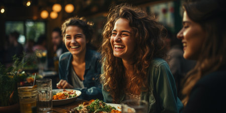 A group of friends sharing a hearty laugh over a meal in a restaurantの素材