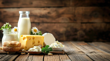 Assortment of dairy products on a wooden table, different types of cheesesの素材