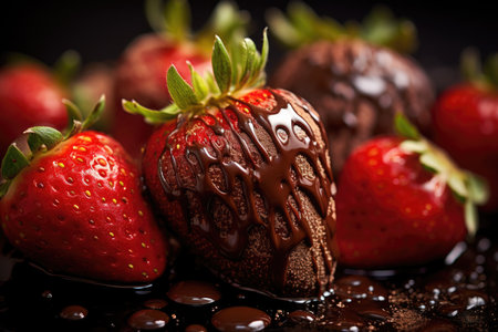 Fresh strawberries covered with dark chocolate drizzle, perfect for dessert.の素材