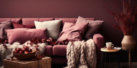 Elegant home interior featuring a pink sofa with soft pillows and a knit throw.の素材
