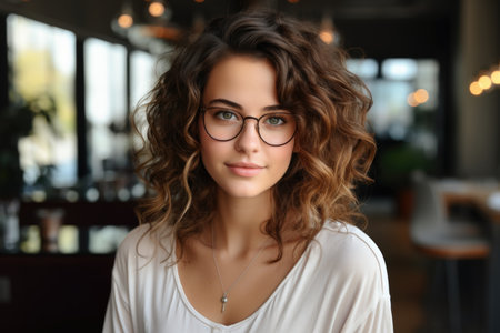 Portrait of a stylish young woman with glasses and curly hair in a cozy indoor settingの素材