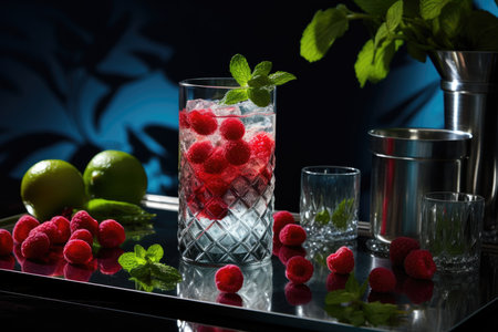 A glass of fresh raspberry mojito on the tableの素材