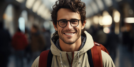Cheerful young man wearing glasses and a backpack in a bustling city environmentの素材
