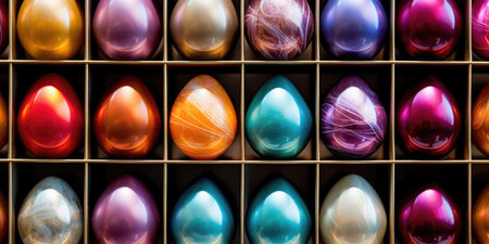 Colorful Easter eggs with shiny mother-of-pearl shells, laid out in a boxの素材