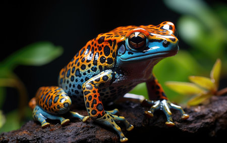A colorful poison dart frog perched on a dark, textured forest substrate.の素材