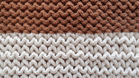 Detailed view of a two-tone knitted woolen fabric with brown and white yarnの素材