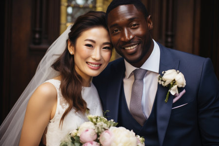 A joyful newlywed couple of different ethnicities sharing a momentの素材