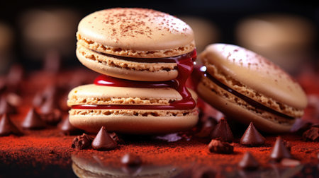Luxurious chocolate macarons drizzled with rich syrup on a decadent backdropの素材