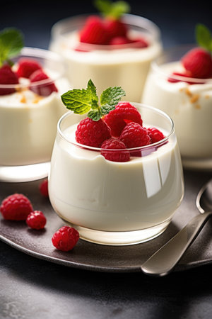 Delicate panna cotta with red raspberries and a dusting of sugar, ready to enjoy.の素材