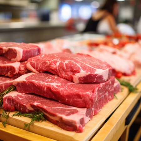 Close-up of fresh meat in a supermarket windowの素材