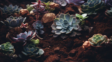 Close-up of a bunch of succulent plants in the groundの素材