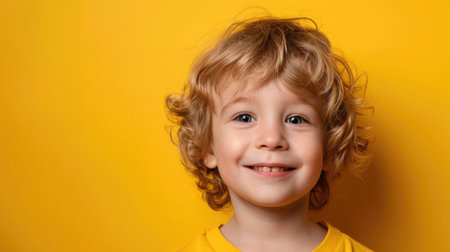 Portrait of a little boy with blond hair, with a smile on his face, highlighted on a flat yellow backgroundの素材