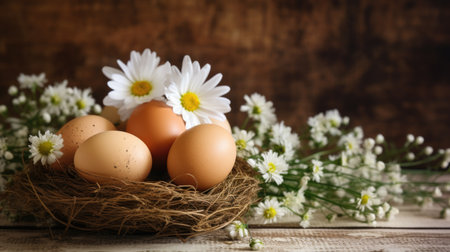 A group of eggs lying on top of a bouquet of flowers in a basket. Easter background in rustic styleの素材