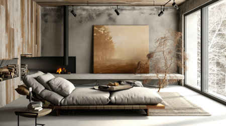 Modern bedroom design featuring a large bed, fireplace, and ample natural lightingの素材