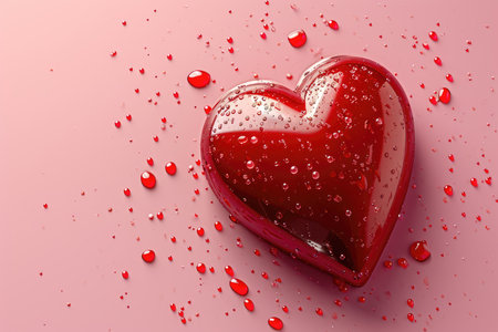3D red heart with water droplets on a pink background symbolizing fresh loveの素材