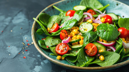 Vegan vegetable salad with spinach, cherry tomatoes, corn, young spinach, cucumber and red onionの素材